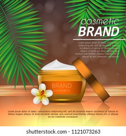 Summer sunblock cosmetic design template on abstract orange background with exotic palm leaves. Realistic sun protection and sunscreen product ads