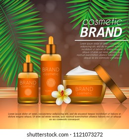 Summer sunblock cosmetic design template on abstract orange background with exotic palm leaves. Realistic sun protection and sunscreen product ads