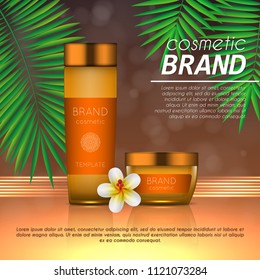 Summer sunblock cosmetic design template on abstract orange background with exotic palm leaves. Realistic sun protection and sunscreen product ads