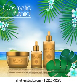 Summer sunblock cosmetic design template on beach background with exotic palm leaves. 3D realistic sun protection and sunscreen product ads