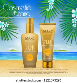 Summer sunblock cosmetic design template on beach background with exotic palm leaves. 3D realistic sun protection and sunscreen product ads