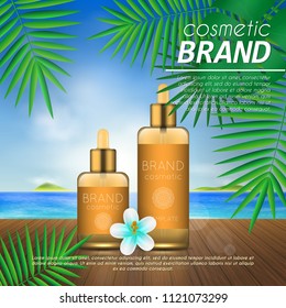 Summer sunblock cosmetic design template on beach background with exotic palm leaves. 3D realistic sun protection and sunscreen product ads