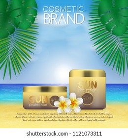 Summer sunblock cosmetic design template on beach background with exotic palm leaves. 3D realistic sun protection and sunscreen product ads
