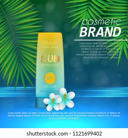 Summer sunblock cosmetic design template on abstract blue background with exotic palm leaves. Realistic sun protection and sunscreen product ads