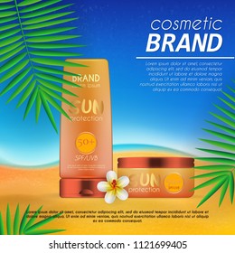 Summer sunblock cosmetic design template on beach background with exotic palm leaves. Realistic sun protection and sunscreen product ads