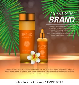 Summer sunblock cosmetic design template on abstract orange background with exotic palm leaves. Realistic sun protection and sunscreen product ads