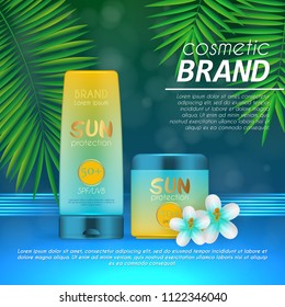 Summer sunblock cosmetic design template on abstract blue background with exotic palm leaves. Realistic sun protection and sunscreen product ads