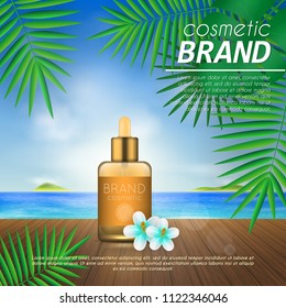 Summer sunblock cosmetic design template on beach background with exotic palm leaves. 3D realistic sun protection and sunscreen product ads