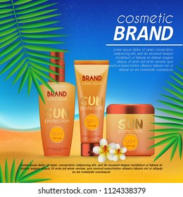 Summer sunblock cosmetic design template on beach background with exotic palm leaves. Realistic sun protection and sunscreen product ads