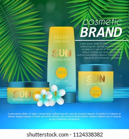 Summer sunblock cosmetic design template on abstract blue background with exotic palm leaves. Realistic sun protection and sunscreen product ads