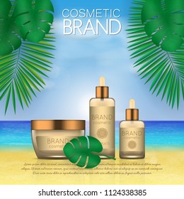 Summer sunblock cosmetic design template on beach background with exotic palm leaves. 3D realistic sun protection and sunscreen product ads