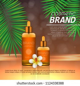 Summer sunblock cosmetic design template on abstract orange background with exotic palm leaves. Realistic sun protection and sunscreen product ads