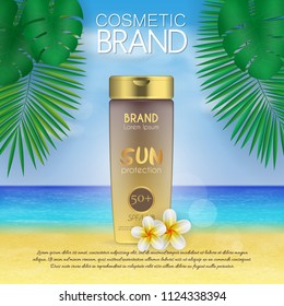 Summer sunblock cosmetic design template on beach background with exotic palm leaves. 3D realistic sun protection and sunscreen product ads
