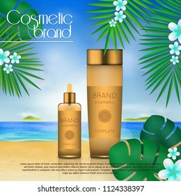 Summer sunblock cosmetic design template on beach background with exotic palm leaves. 3D realistic sun protection and sunscreen product ads