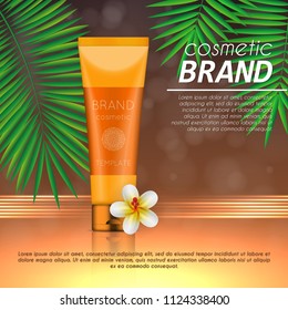 Summer sunblock cosmetic design template on abstract orange background with exotic palm leaves. Realistic sun protection and sunscreen product ads