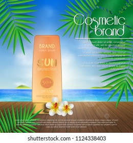 Summer sunblock cosmetic design template on beach background with exotic palm leaves. 3D realistic sun protection and sunscreen product ads