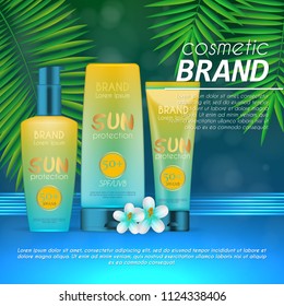 Summer sunblock cosmetic design template on abstract blue background with exotic palm leaves. Realistic sun protection and sunscreen product ads
