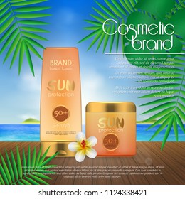 Summer sunblock cosmetic design template on beach background with exotic palm leaves. 3D realistic sun protection and sunscreen product ads