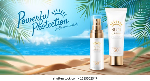 Summer sunblock product ads on resort beach background in 3d illustration