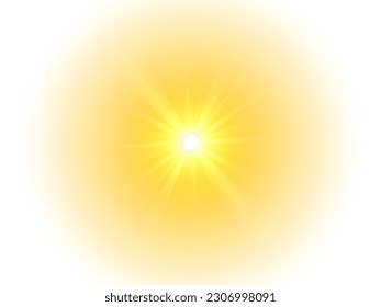 Summer sunburst. The yellow sun, a flash, a soft glow without departing rays. Orange summer sunlight burst. Shiny hot star lights, summer concept gold bright and vibrant color background. Vector