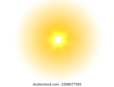 Summer sunburst. The yellow sun, a flash, a soft glow without departing rays. Orange summer sunlight burst. Shiny hot star lights, summer concept gold bright and vibrant color background. Vector