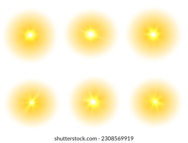 Summer sunburst. The yellow sun, a flash, a soft glow without departing rays. Orange summer sunlight burst. Shiny hot star lights, summer concept gold bright and vibrant color background. Vector