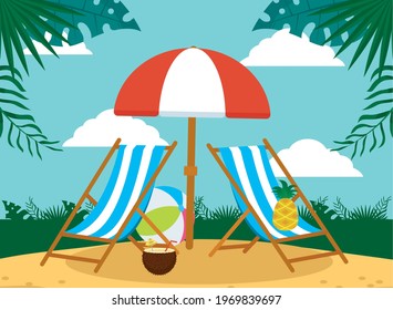 Summer sunchairs and umbrella at beach