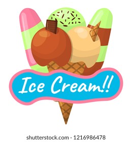 Summer Sundae Logo and Label for Ice Cream Shop. Icon Vector Illustration.