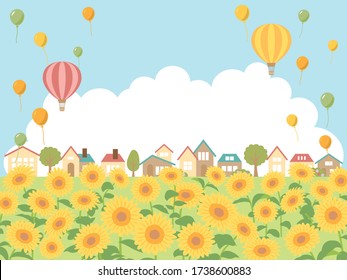 Summer sunflower field landscape vector illustration.