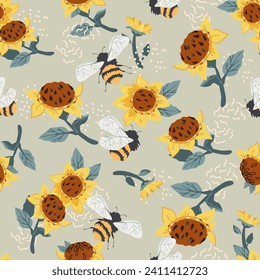 Summer sunflower seamless pattern. Floral design is perfect for summer textile and prints, flat vector illustration. Pattern with sunflowers and bees.