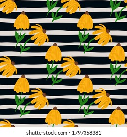 Las siluetas veraniegas de girasol son un patrón sin fisuras. Fondo monocromo con brotes blancos y negros. Diseñado para papel pintado, textil, papel envolvente, impresión de tela. Ilustración vectorial.