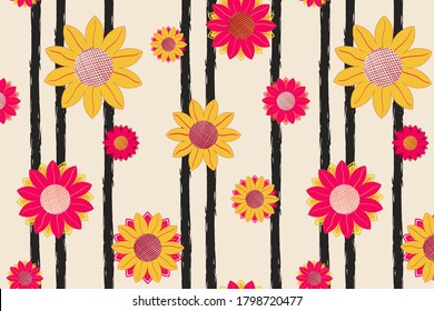 Summer sunflower vector seamless pattern on vertical striped backdrop. Yellow and pink flowers with leaves and buds for fabric, textile, cover, wallpaper, wrapping paper, background, calendar. EPS 10