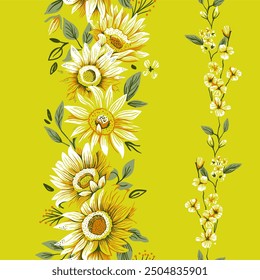 Summer Sunflowers Floral Vector Seamless Borders Set