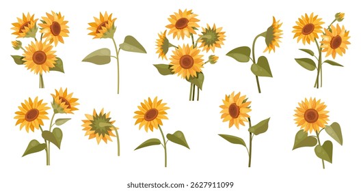 Summer sunflowers set. Beautiful botanical stickers with single sunflowers and bouquets of blooming wild flowers. Plant icons. Cartoon flat vector illustration collection isolated on background