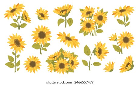 Summer sunflowers set. Single sunflower, bouquet of sunflowers. Vector icons in flat style