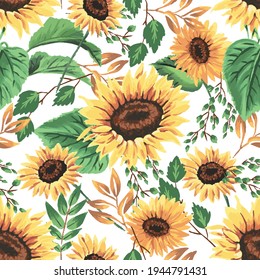 Summer sunflowers with white background pattern. Foliage, leaves, sunflowers, golden ditsy. Perfect for summer, spring, scrapbook, fabric, textile. Seamless repeat swatch.