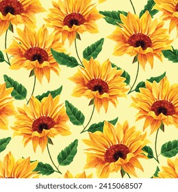 Summer sunflowers with yellow background pattern. Foliage, leaves, sunflowers, golden ditsy. Perfect for summer, spring, scrapbook, fabric, textile. Seamless repeat swatch.