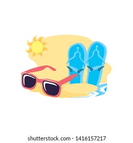 summer sunglasses in the beach with flip flops