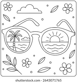 Óculos de sol de verão com reflexo de praia - Página de cores divertida