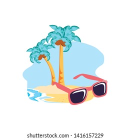 summer sunglasses in the beach with tree palm