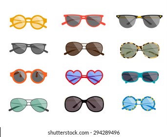 Summer sunglasses collection. Hippie, classic, aviator, round. Vector set.