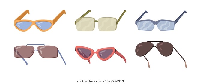 Summer sunglasses collection, isolated set of accessories for apparel and outfit completion. Vector stylish and fashionable glasses adornment, retro look. Different types of eyeglasses or spectacles