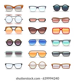 Summer sunglasses, fashion eyeglasses flat vector icons