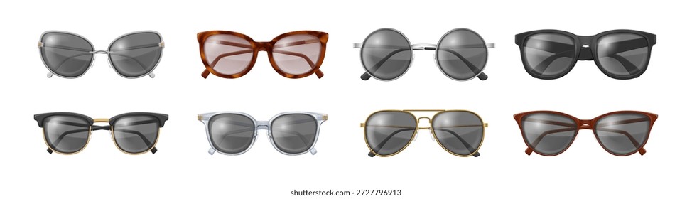 Óculos de sol de verão, conjunto isolado de acessórios realistas para vestuário e acabamento de roupas. Vetor elegantes e elegantes óculos adorno, olhar retro. Diferentes tipos de óculos ou óculos