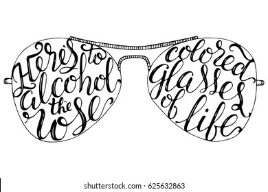 summer sunglasses with lettering quote on white background, emblem for web design or print