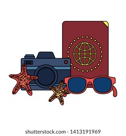 summer sunglasses and passport with camera