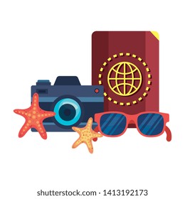 summer sunglasses and passport with camera