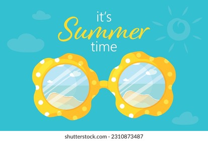 Summer Sunglasses Poster Design Vektorgrafik. Das Konzept der Sonnenbrille für den Sommerurlaub. Es ist Sommerzeit-Banner