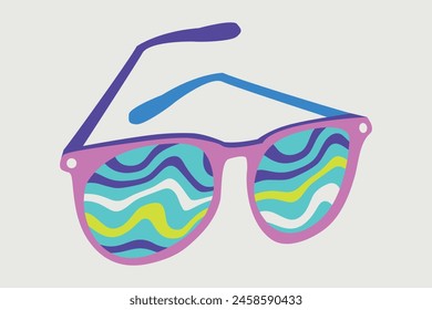 Gafas de sol de verano en un estilo psicodélico. Efecto de ilusión óptica. Rayas fluidas. COLORES DE DOPAMINA. Ondas, rayas de colores. Rosa, azul, verde. Se puede utilizar para Sitios web de diseño, patrones