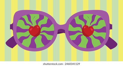 Summer sunglasses in a psychedelic style wth cherries. Optical Illusion Effect. Fluid Stripes.  Waves, colored streaks. Striped background. Pink, Blue, Green. For design websites, advertisement